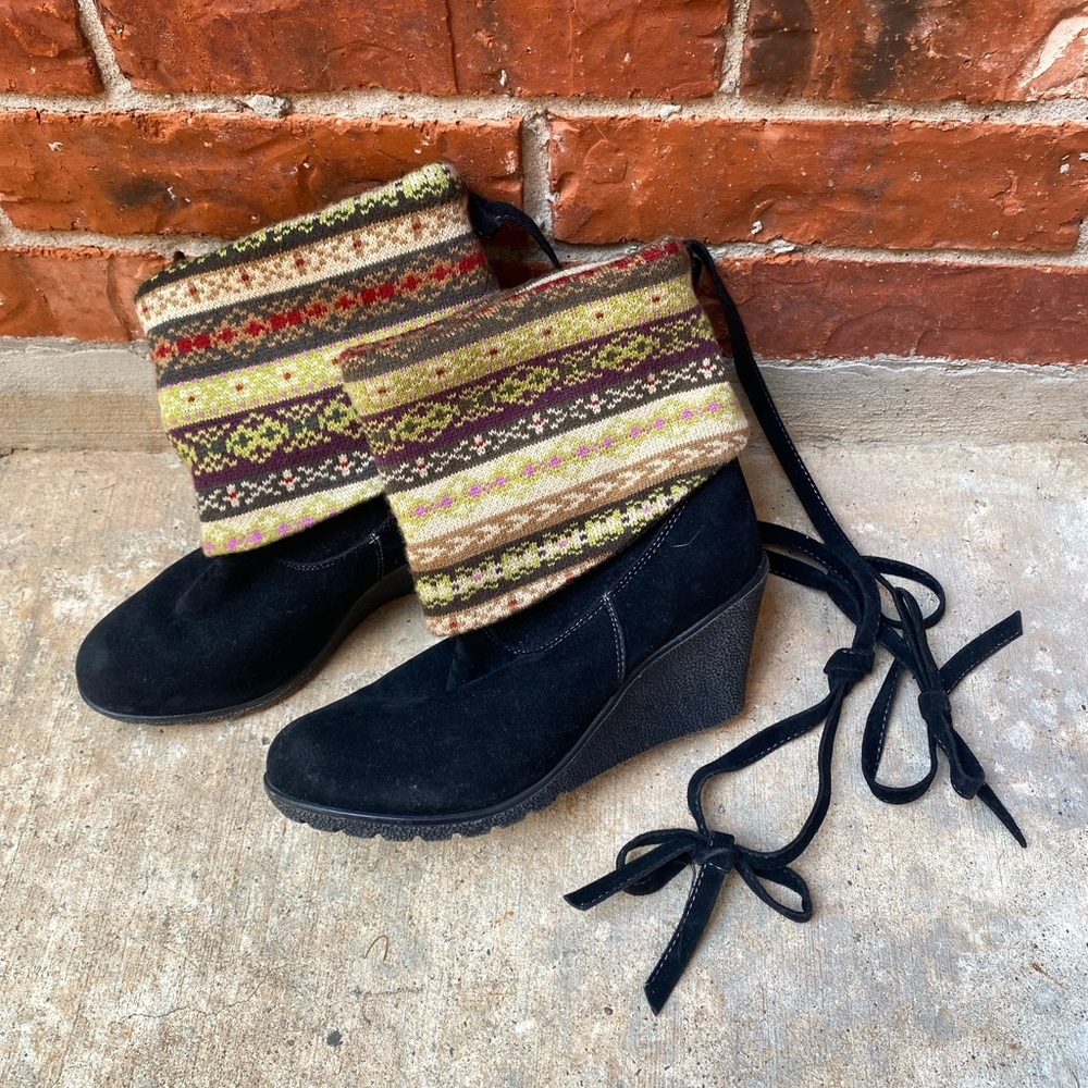 Womens 8.5 Mocassin Southwestern Boho Black Wedge Boots